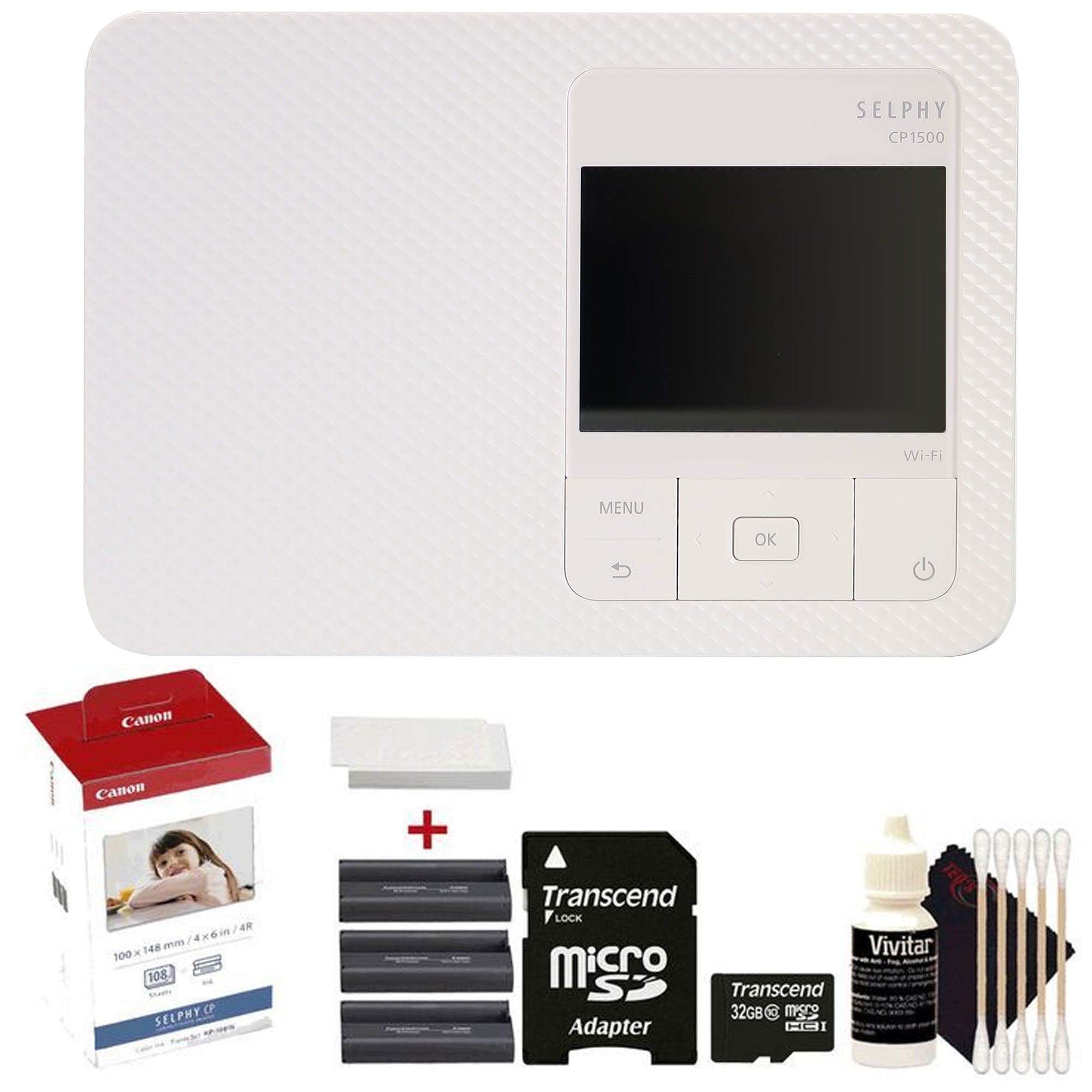 Canon SELPHY CP1500 Compact Photo Printer (White) with KP-108IN Selphy Color Ink 4x6 Paper Set Accessory Kit