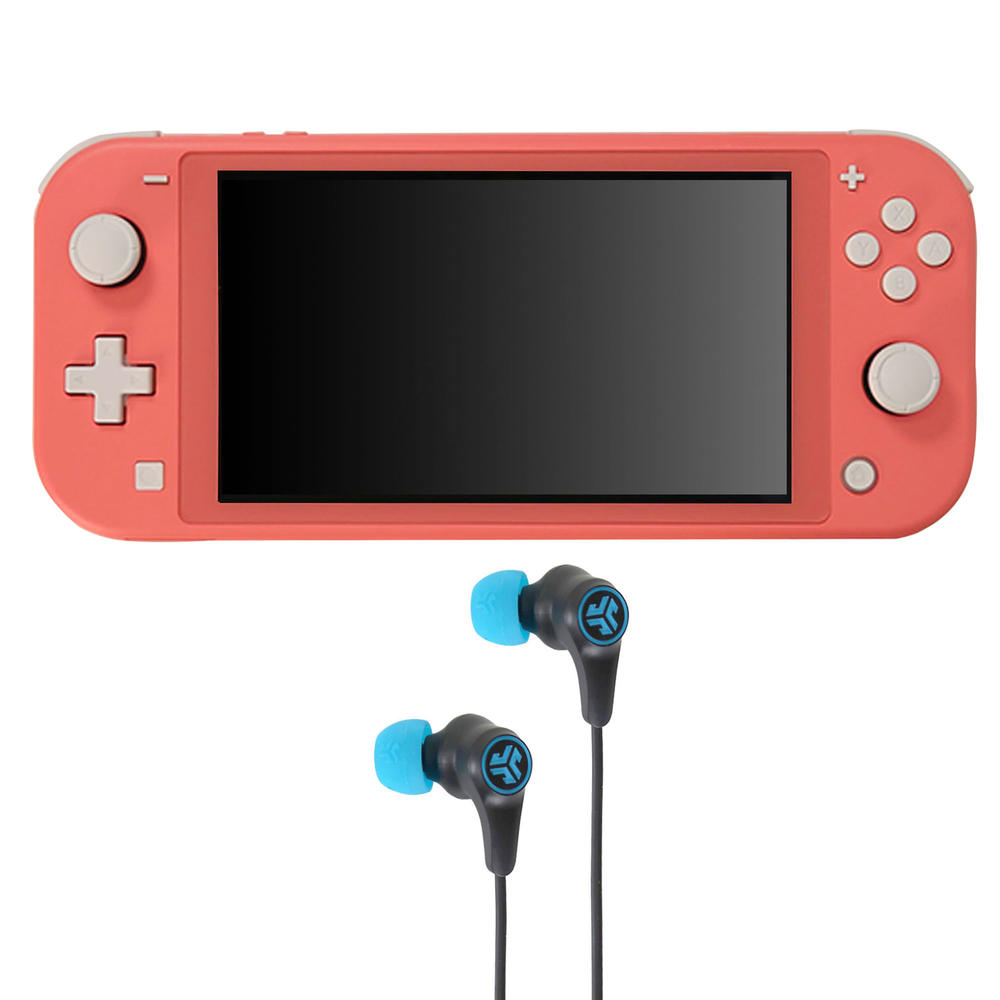Nintendo Switch Lite (Coral) with JLab Play Gaming Wireless Bluetooth Earbuds Black/Blue