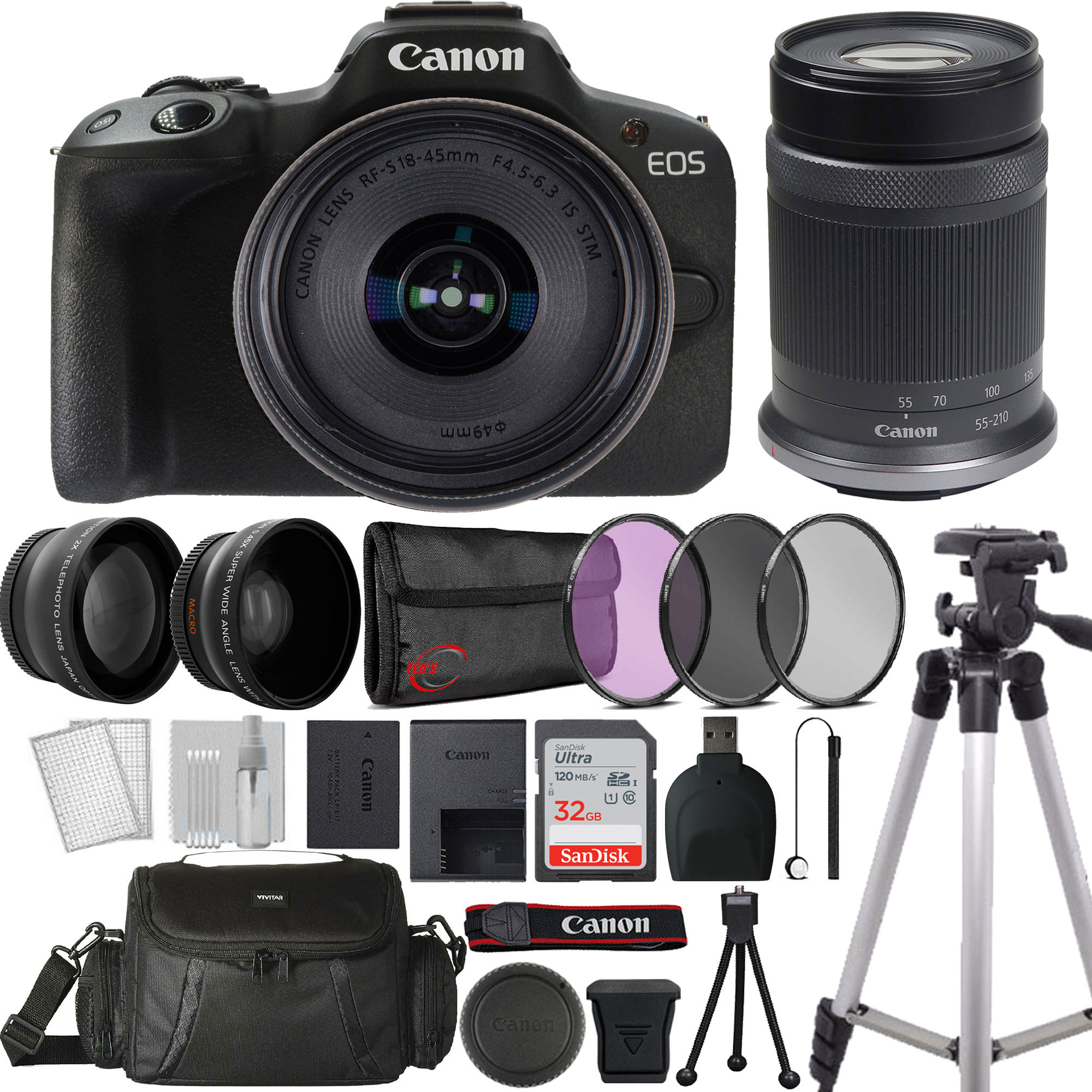 Canon EOS R50 Mirrorless Camera Black with RF-S 18-45mm f/4.5-6.3 IS STM Lens and RF-S 55-210mm f/5-7.1 IS STM Lens (Canon RF) B