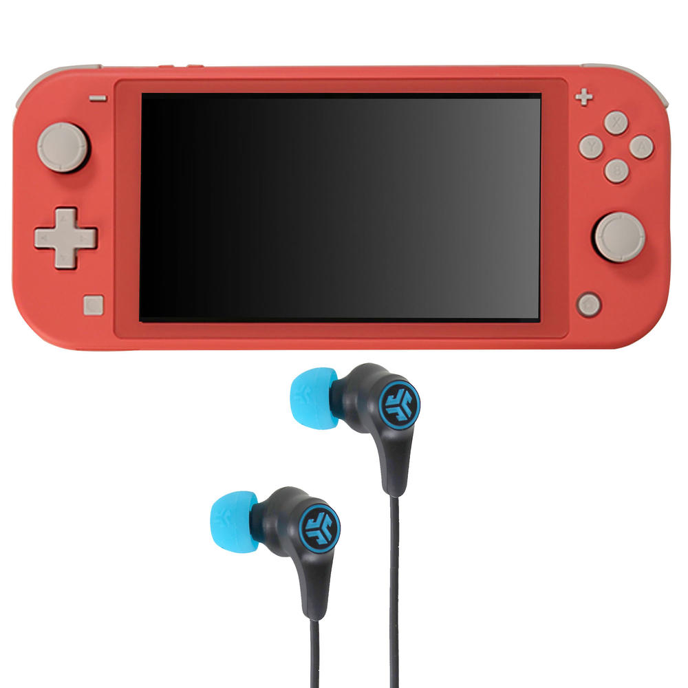 Nintendo Switch Lite (Coral) with JLab Play Gaming Wireless Bluetooth Earbuds - Black/Blue