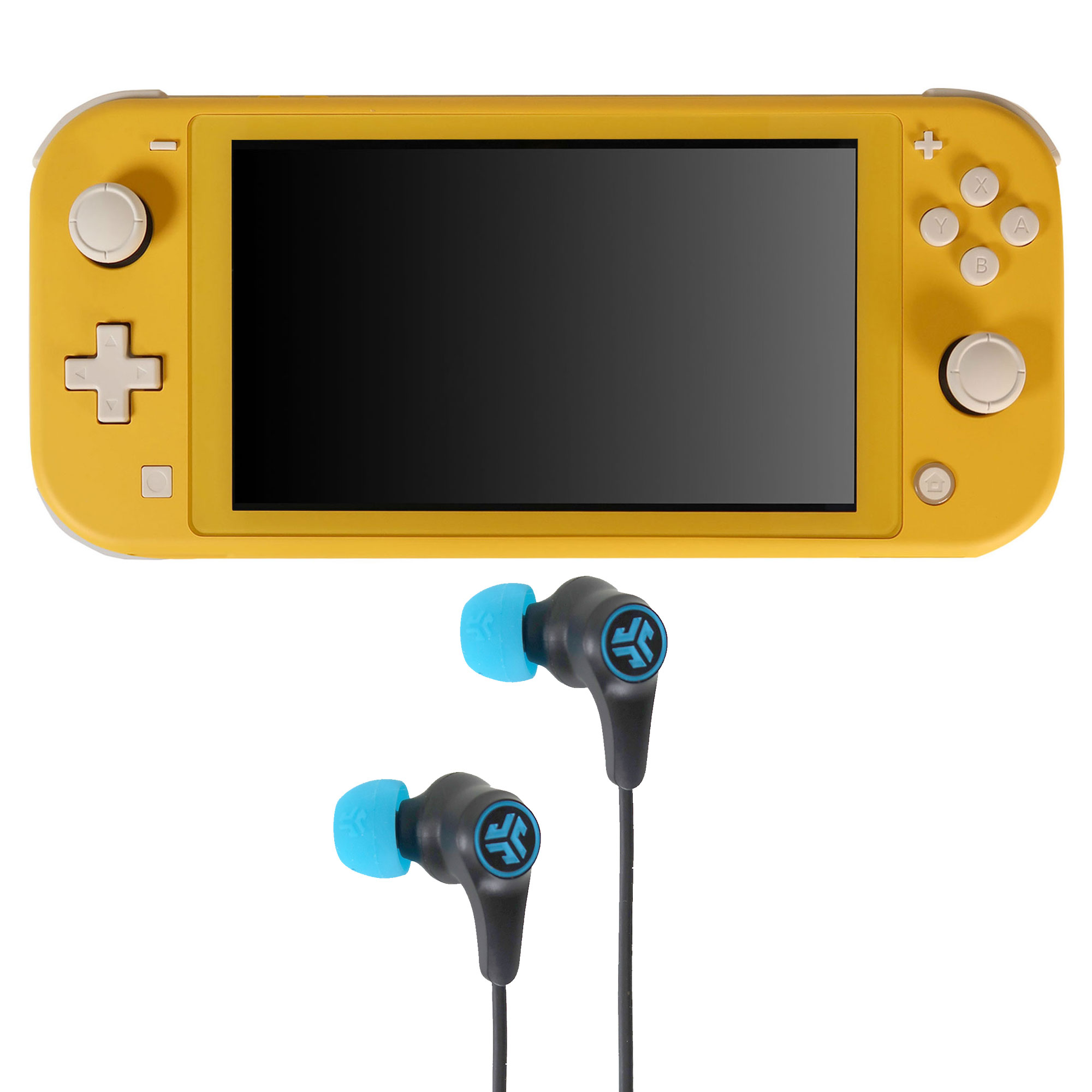 Nintendo Switch Lite (Yellow) with JLab Play Gaming Wireless Bluetooth Earbuds - Black/Blue