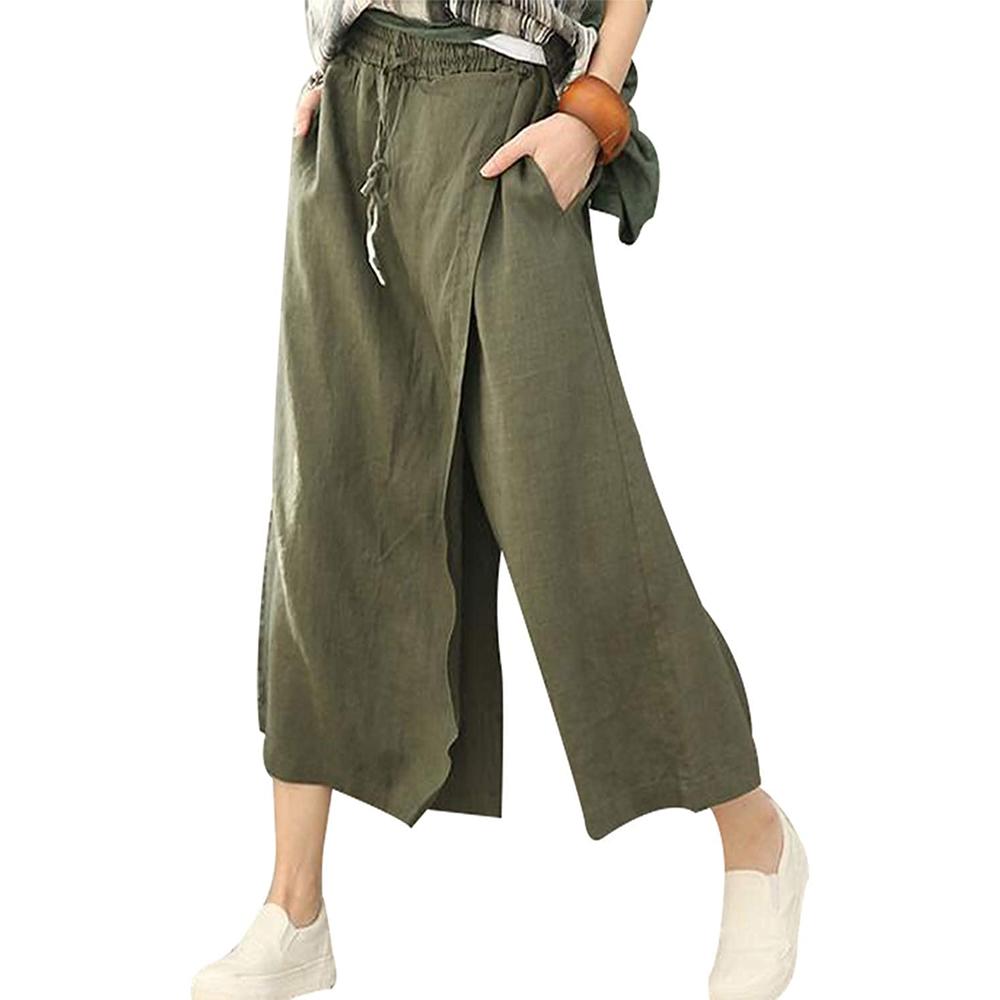 BUYKUD Women's Casual Linen Loose Plus Size Wide Leg Pants Trousers ...