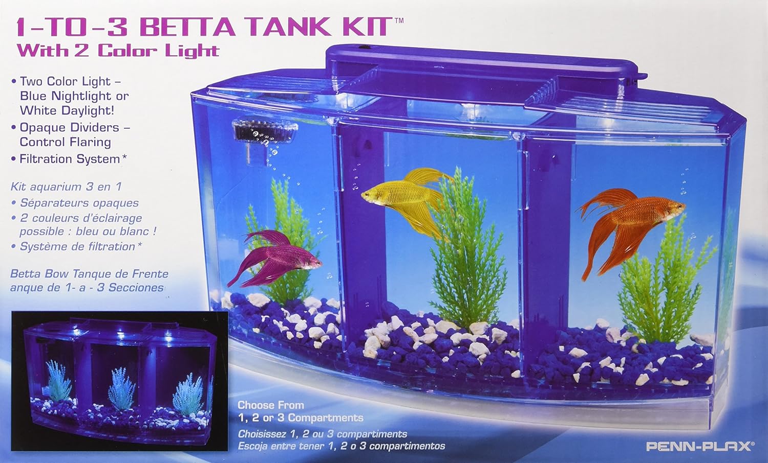 Penn-Plax Deluxe Triple Betta Bow Tank Kit – Safely Divided Compartments – 0.7 Gallon in Blue