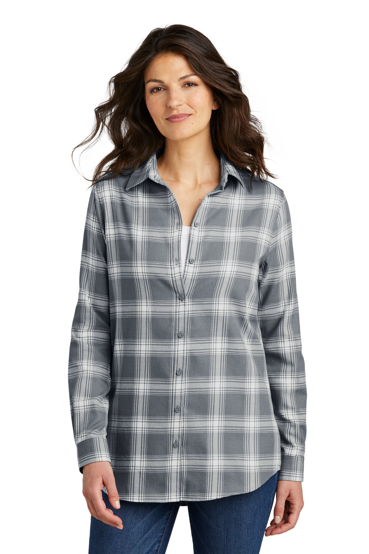 Selected Color is Grey/ Cream Open Plaid