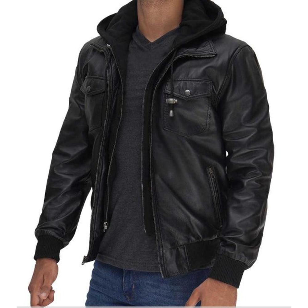 Jnriver JNLJ0101 Men's Black Leather Bomber Jacket With Removable Hood - Pack of 2
