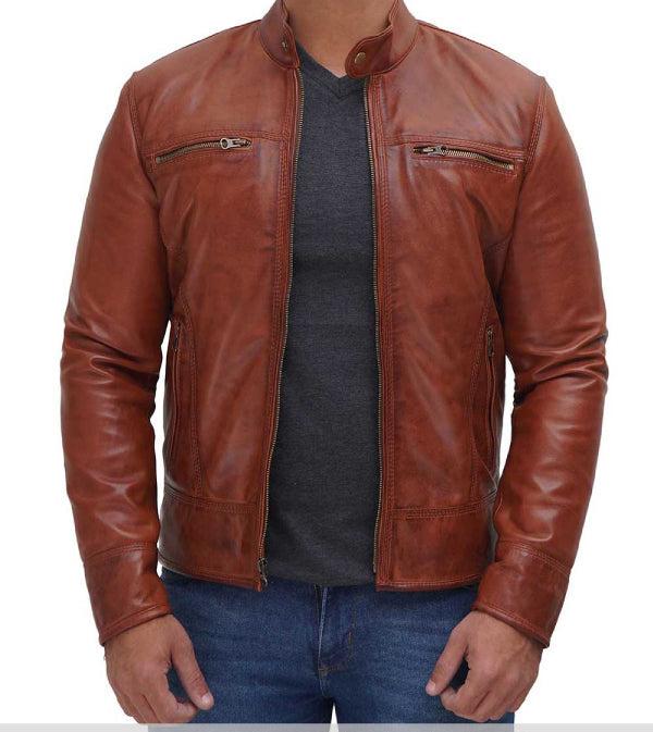 Jnriver JNLJ0115 New Men's Genuine Lambskin Leather Jacket Brown Slim Fit Biker Motorcycle jacket