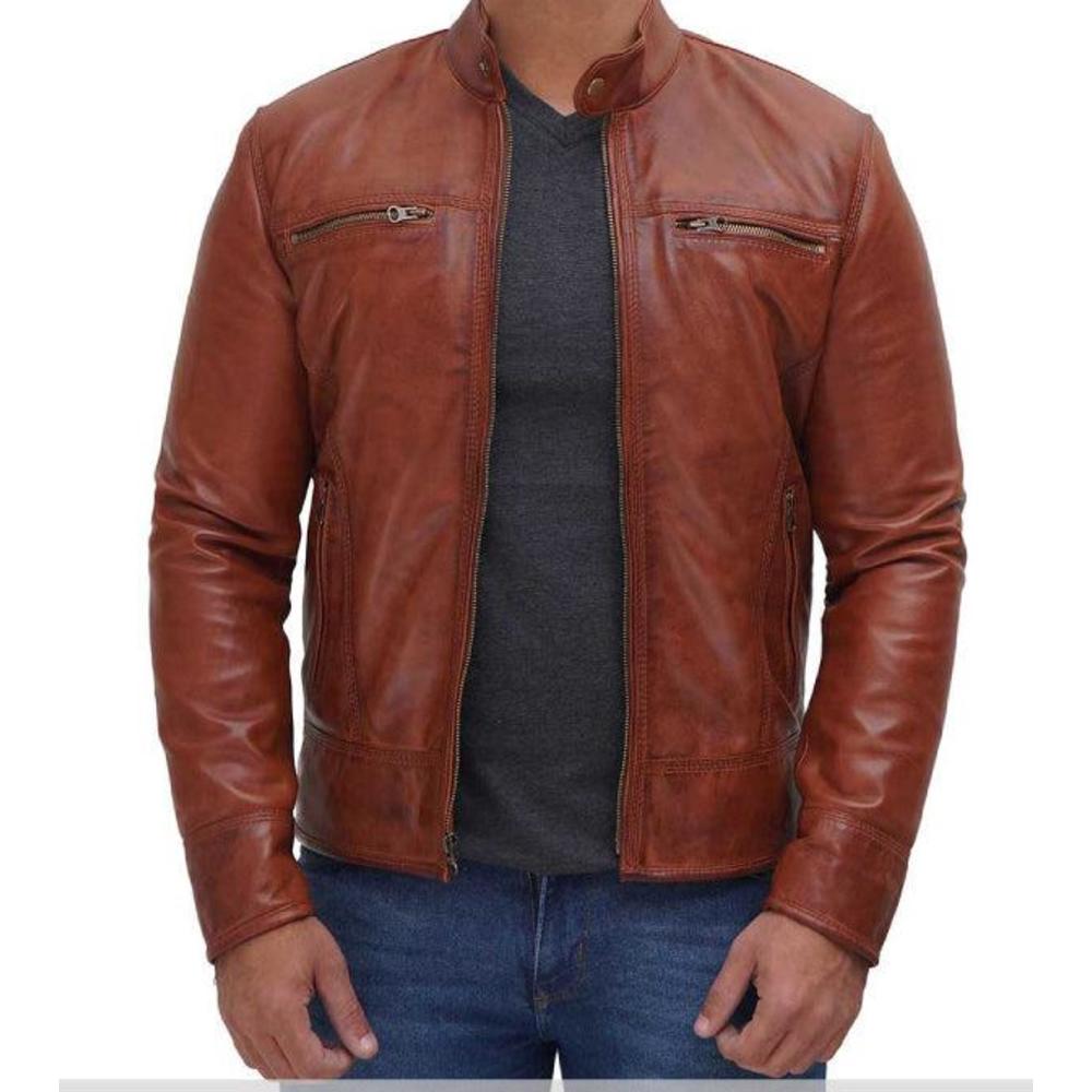 Jnriver JNLJ0115 New Men's Genuine Lambskin Leather Jacket Brown Slim Fit Biker Motorcycle jacket - Pack of 2