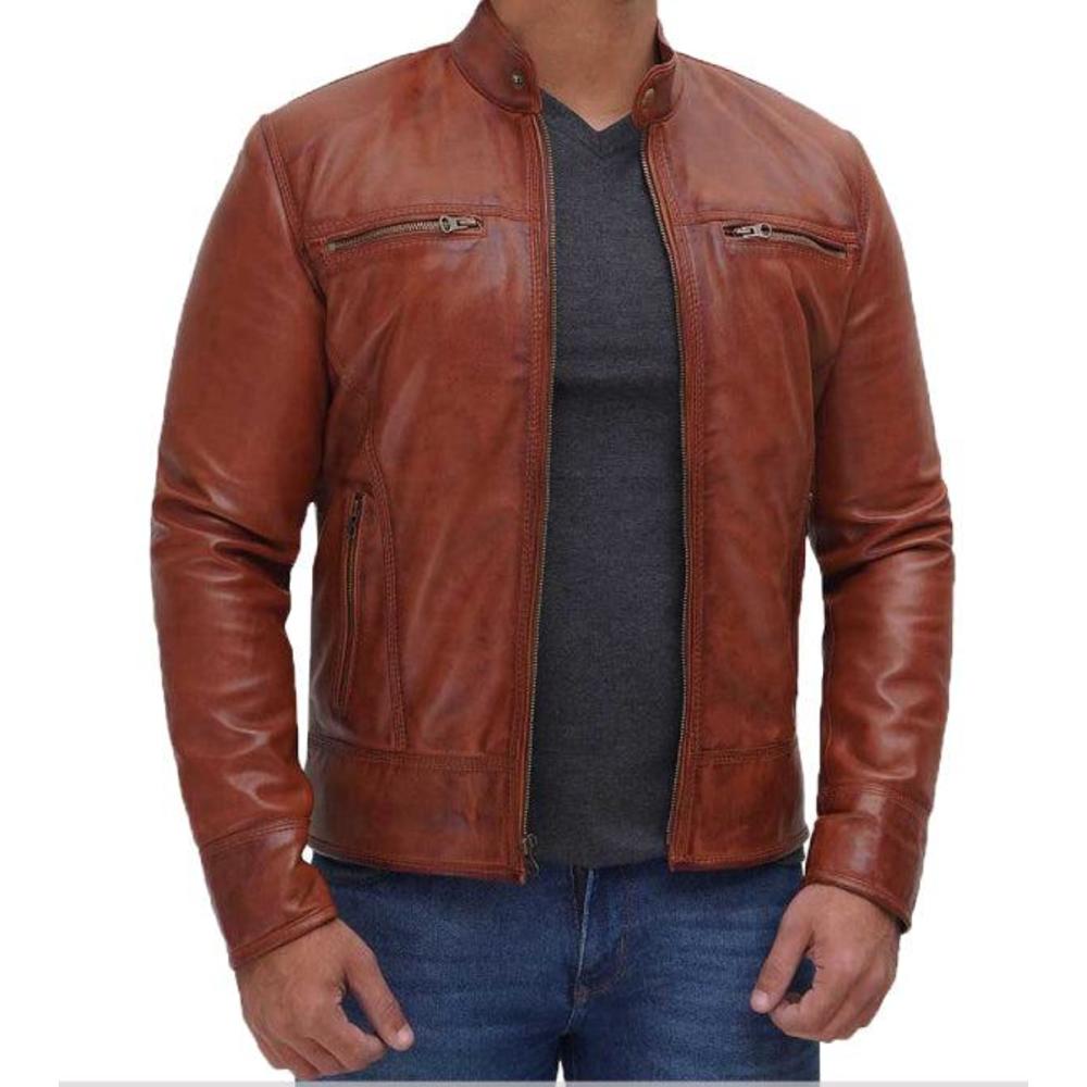 Jnriver JNLJ0115 New Men's Genuine Lambskin Leather Jacket Brown Slim Fit Biker Motorcycle jacket - Pack of 2