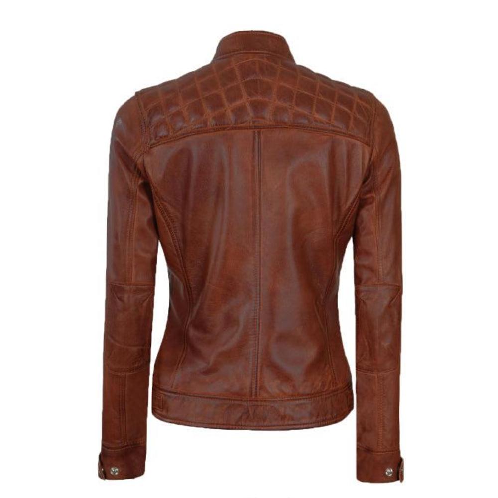 Jnriver JNLJ0168 Womens Cognac Leather Motorcycle Jacket With Quilted Shoulder Detailing
