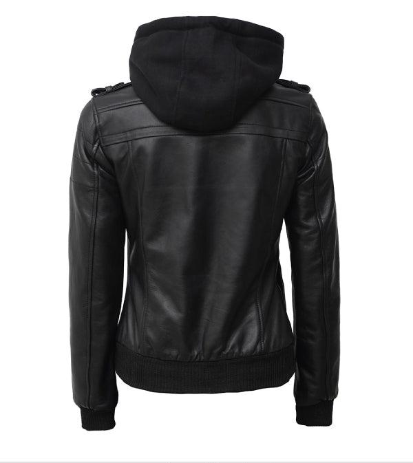 Jnriver JNLJ0158 Womens Black Leather Bomber Jacket With Removable Hooded - Pack of 2