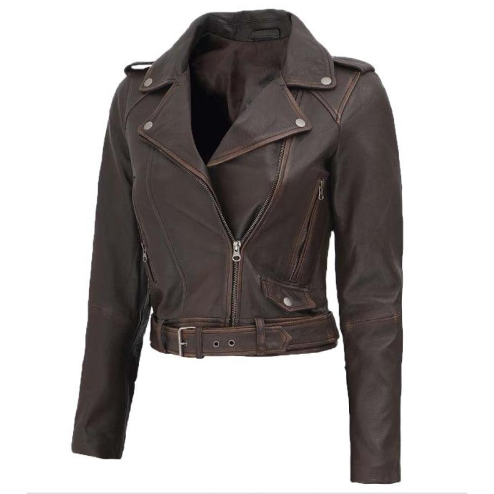 Jnriver JNLJ0125 Nellie Dark brown Asymmetrical Cropped Leather Jacket Womens