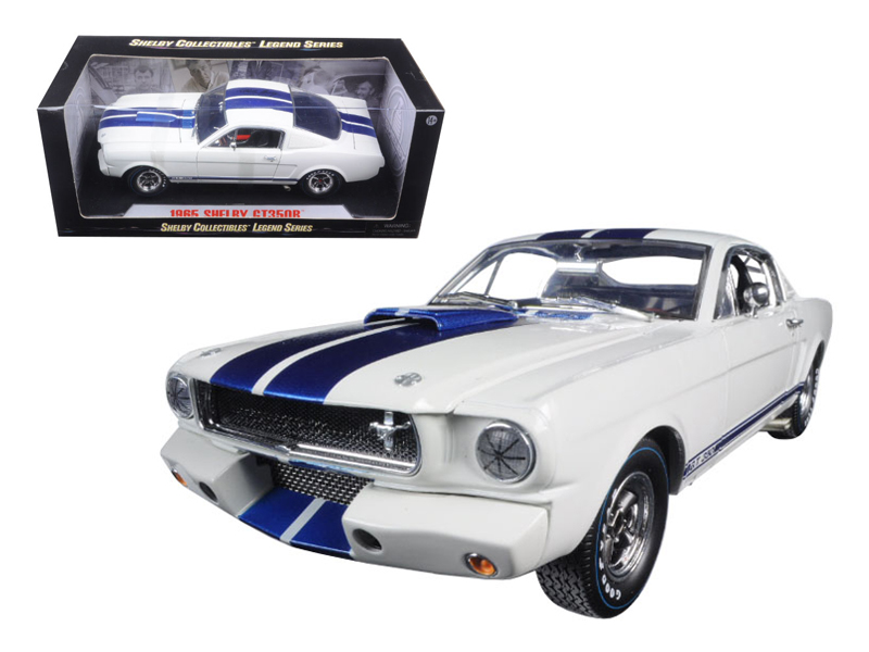 SHELBY COLLECTIBLES 1965 Ford Mustang Shelby GT350R White with Blue Stripes and Prinnature on the Roof 1/18 Diecast Model Car by Shelby Collectibles