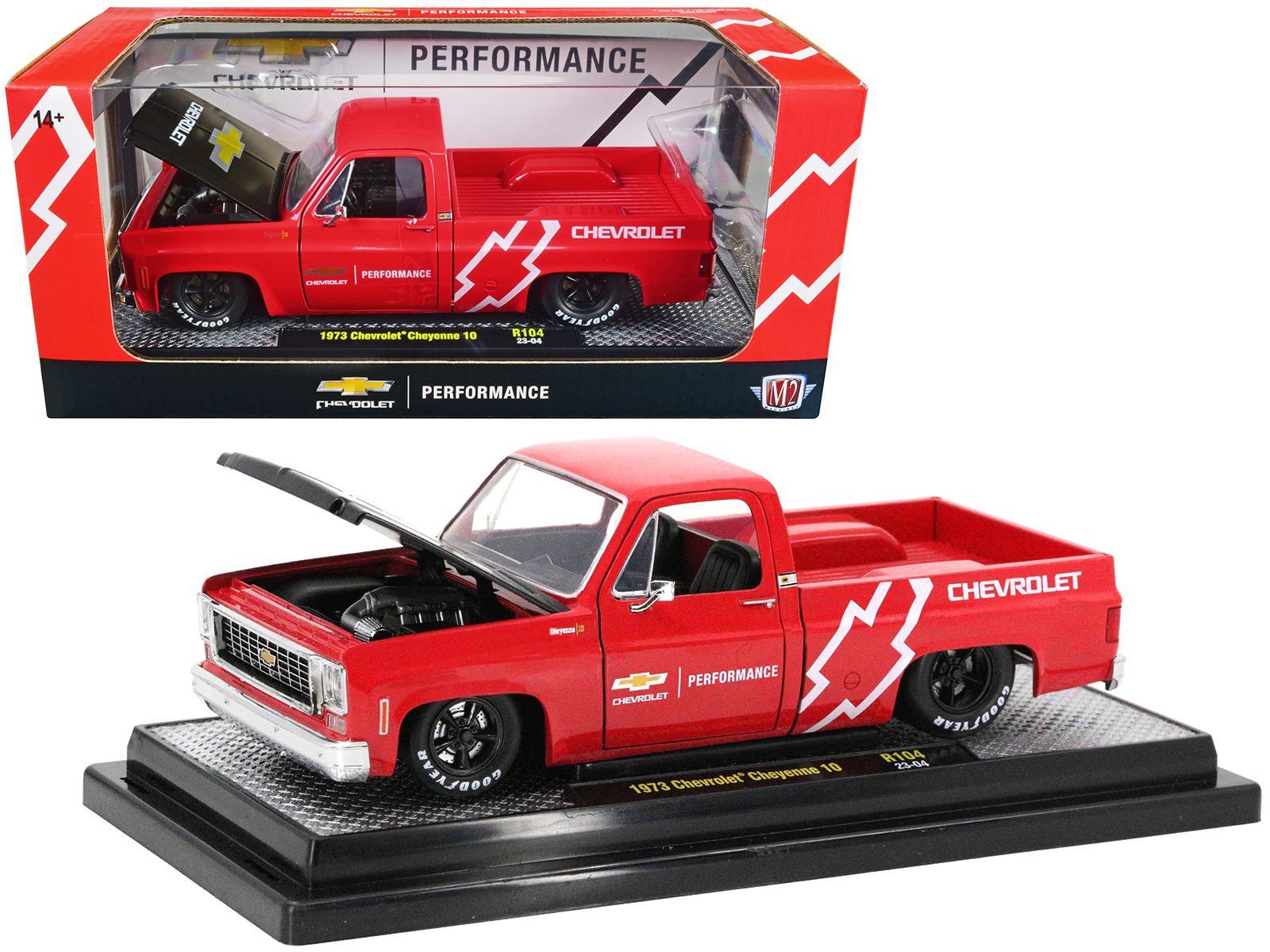 M2 1973 Chevrolet Cheyenne 10 Pickup Truck Bright Red with Black Hon to 7250 pieces Worldwide 1/24 Diecast Model Car by M2 Machines