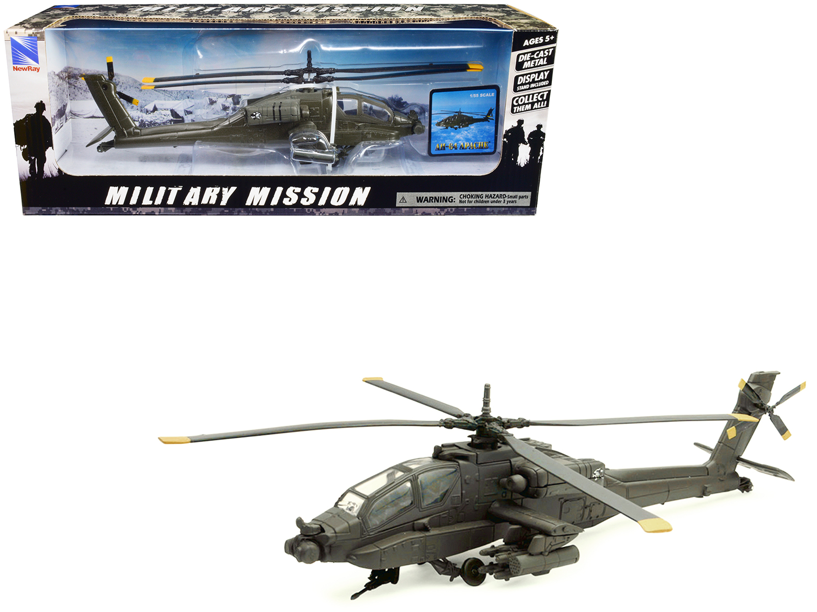 New Ray Boeing AH-64 Apache Attack Helicopter Olive Drab "United States Army" "Military Mission" Series 1/55 Diecast Model by New Ray