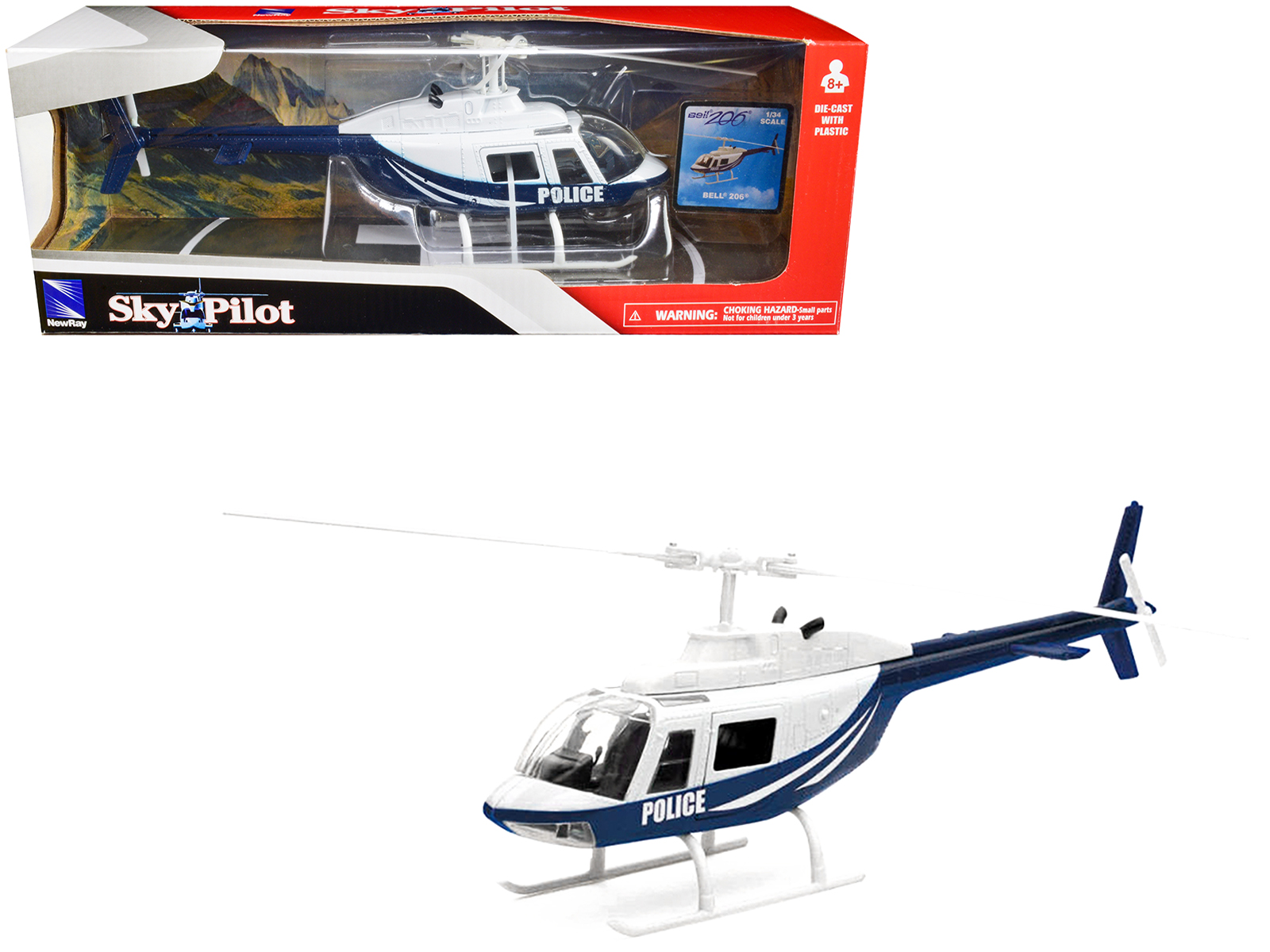 New Ray Bell 206 Helicopter Dark Blue and White "Police" "Sky Pilot" Series 1/34 Diecast Model by New Ray