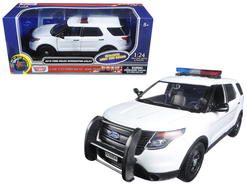 Motormax 2015 Ford Police Interceptor Utility White with Flashing Light B and Rear Lights and 2 Sounds 1/24 Diecast Model Car by Motormax