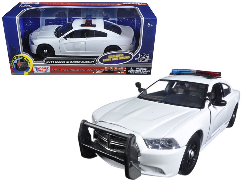 Motormax 2011 Dodge Charger Pursuit Police Car White with Flashing Light and Rear Lights and 2 Sounds 1/24 Diecast Model Car  by Motormax