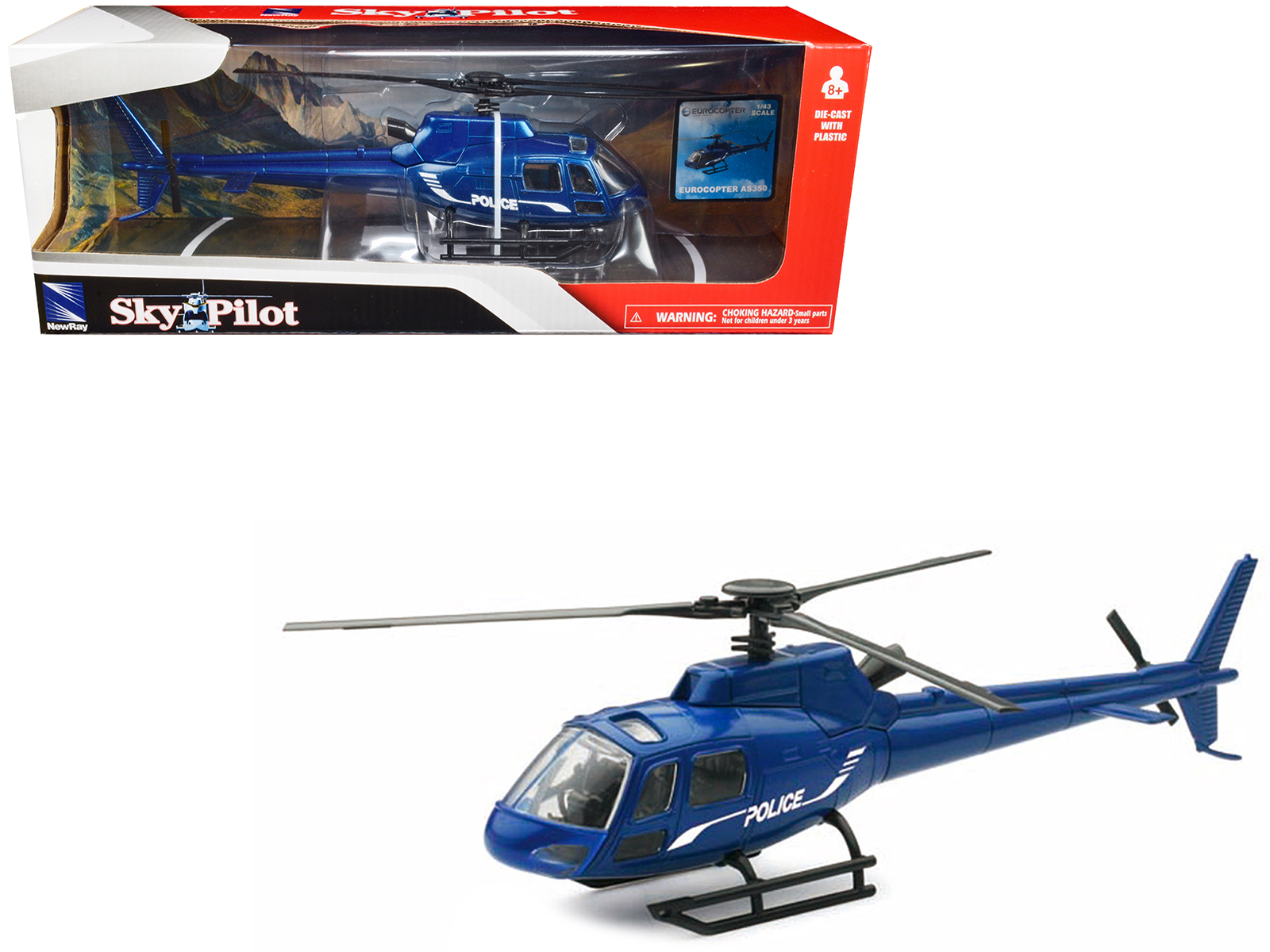 New Ray Eurocopter AS350 Helicopter Blue Metallic "Police" "Sky Pilot" Series 1/43 Diecast Model by New Ray