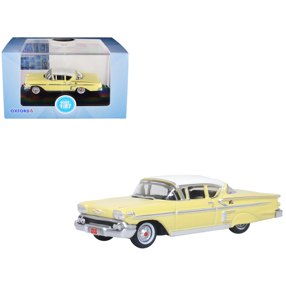 Oxford Diecast 1958 Chevrolet Impala Sport Colonial Cream with Snowcrest White Top 1/87 (HO) Scale Diecast Model Car by Oxford Diecast