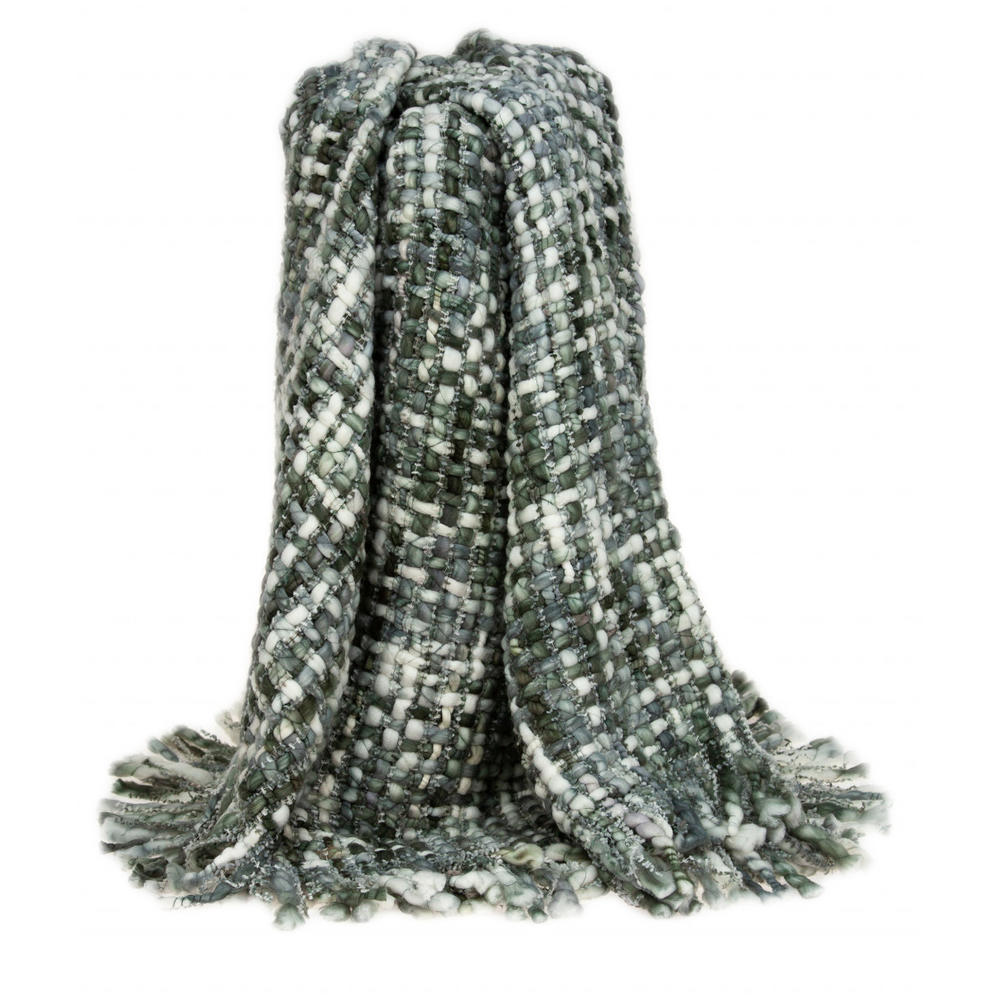 Home Roots Green and White Knitted Cotton Blend Abstract Throw Blanket with Fringe