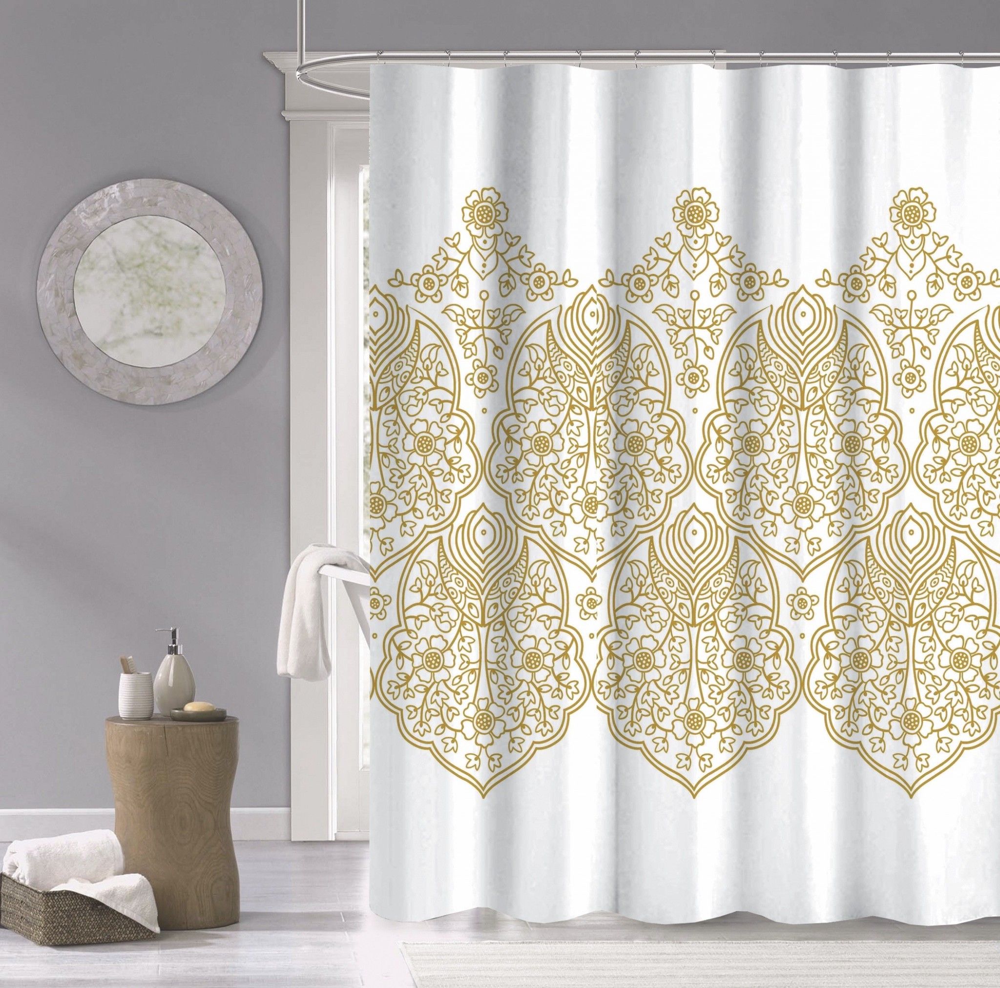 HomeRoots Gold Decorative Medallion Shower Curtain
