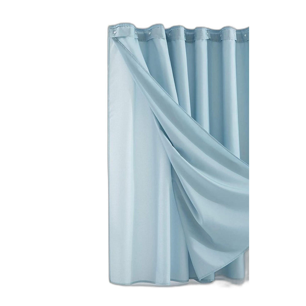 HomeRoots Light Blue Sheer and Grid Shower Curtain and Liner Set