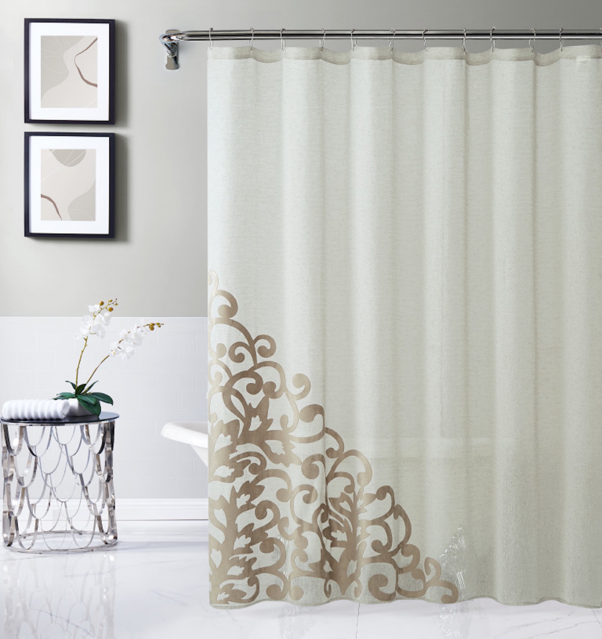 HomeRoots Gold Contemporary Velvet Scroll Shower Curtain