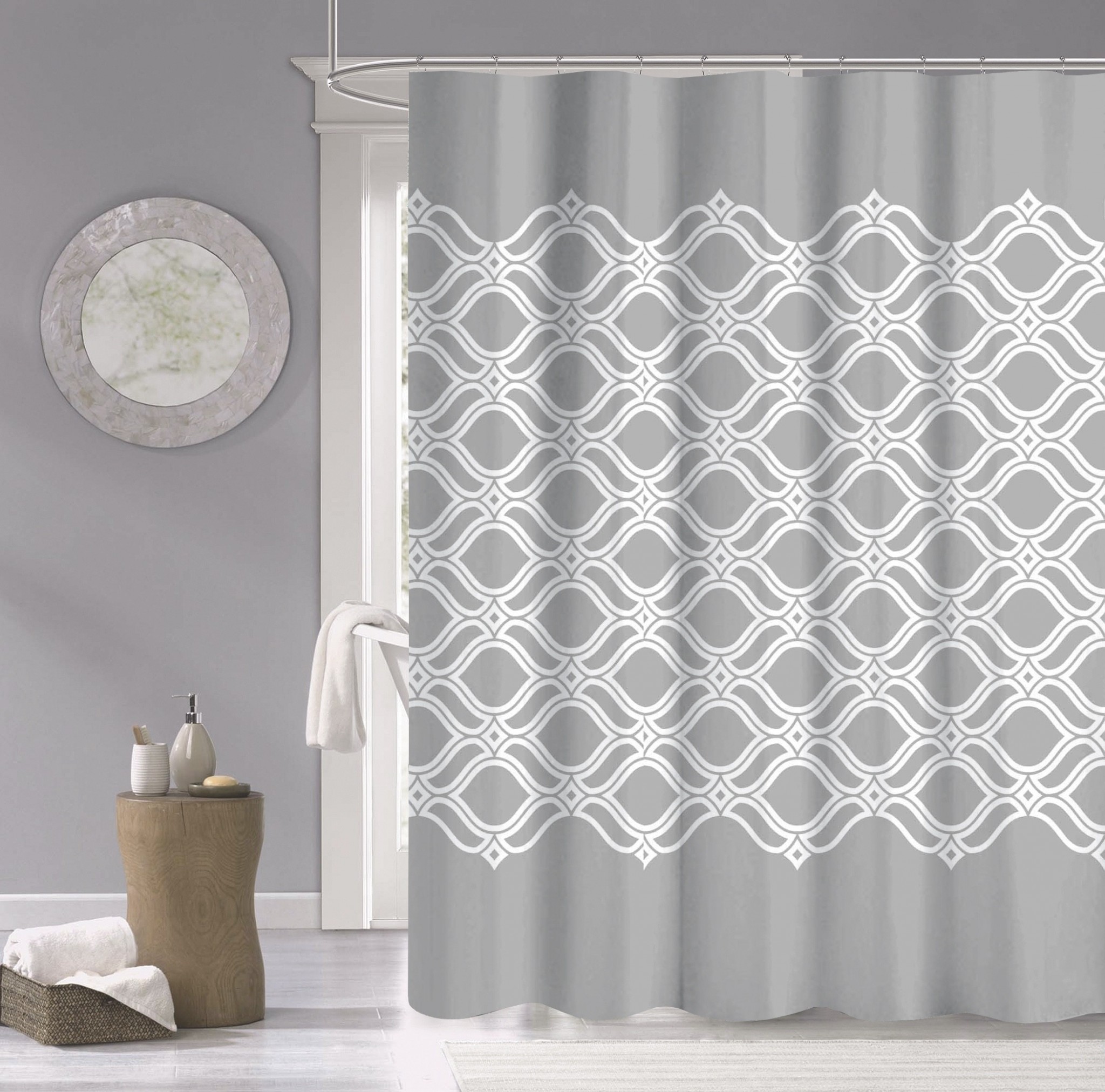 HomeRoots Gray and White Printed Lattice Shower Curtain