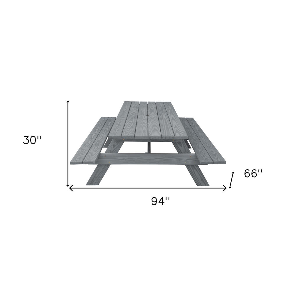 HomeRoots Gray Solid Wood Outdoor Picnic Table Umbrella Hole