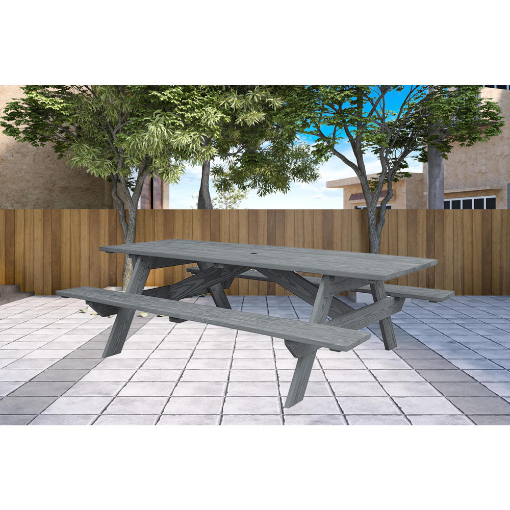 HomeRoots Gray Solid Wood Outdoor Picnic Table Umbrella Hole