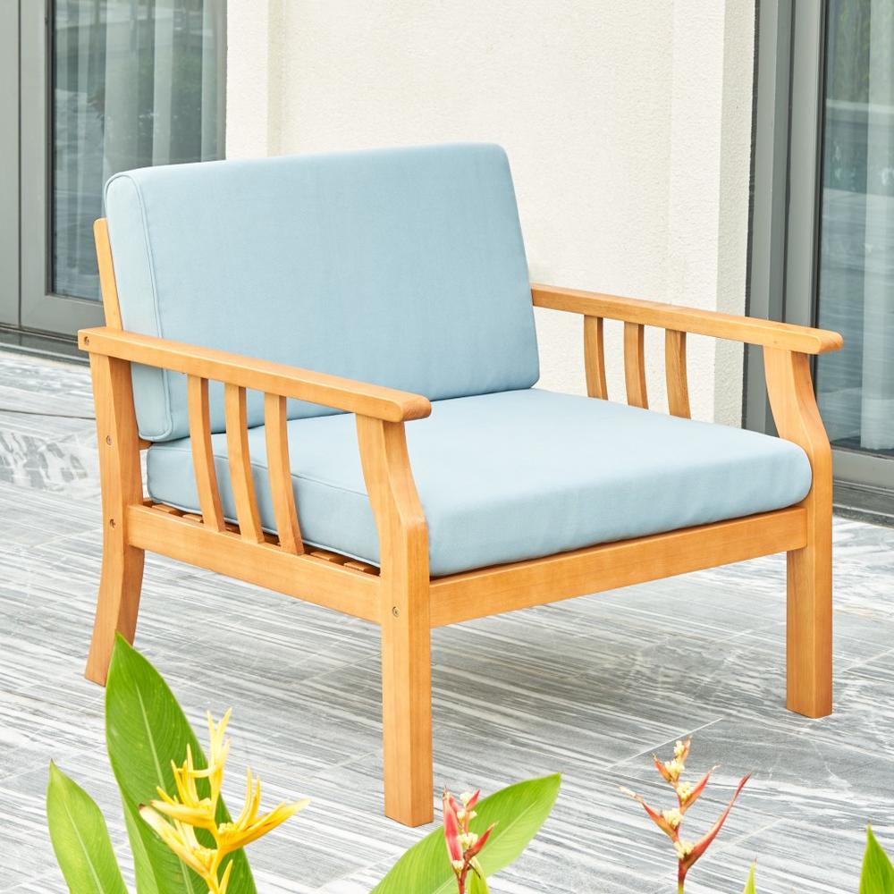 HomeRoots 33" Natural Eucalyptus Slat Wood Outdoor Accent Chair with Aqua Cushion