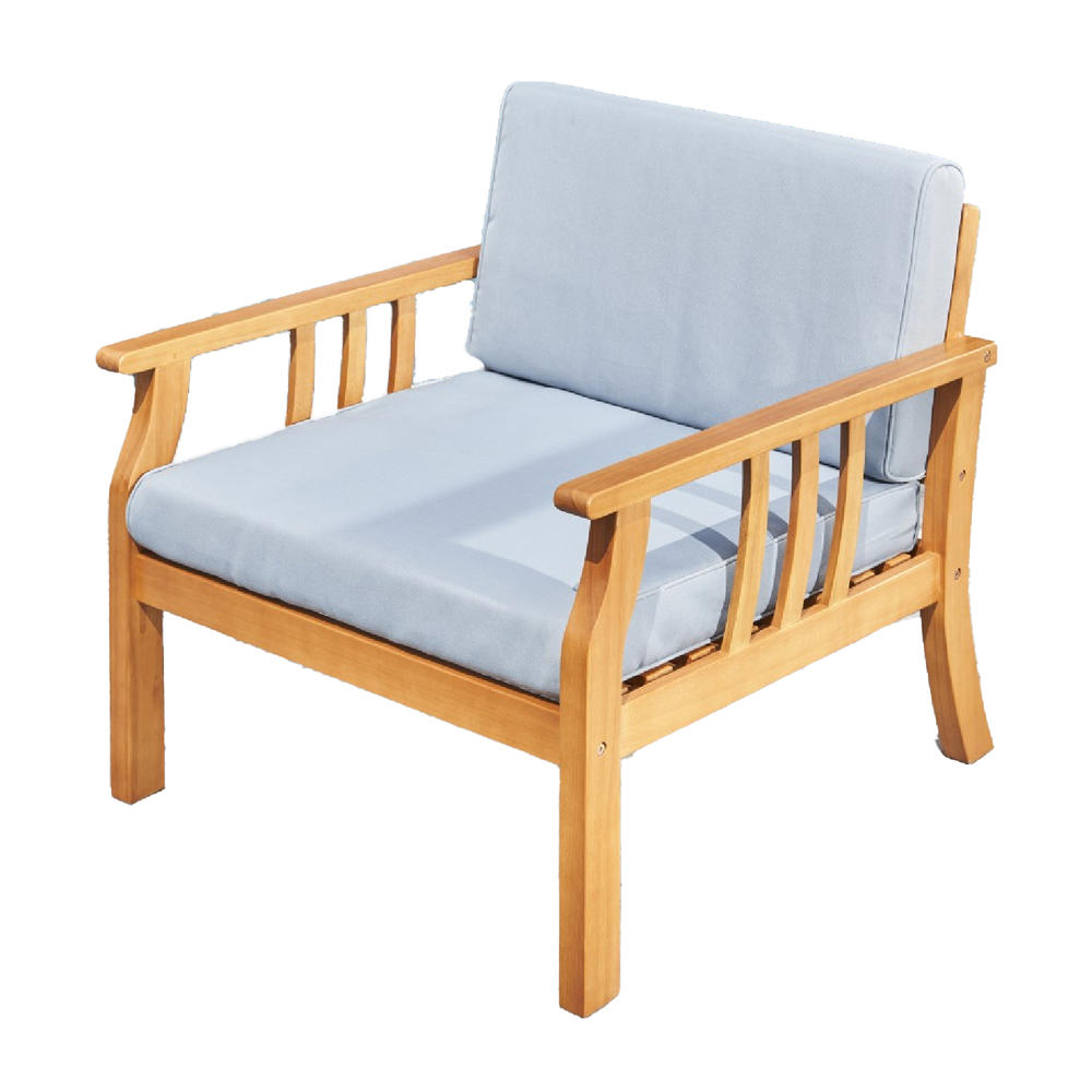 HomeRoots 33" Natural Eucalyptus Slat Wood Outdoor Accent Chair with Aqua Cushion