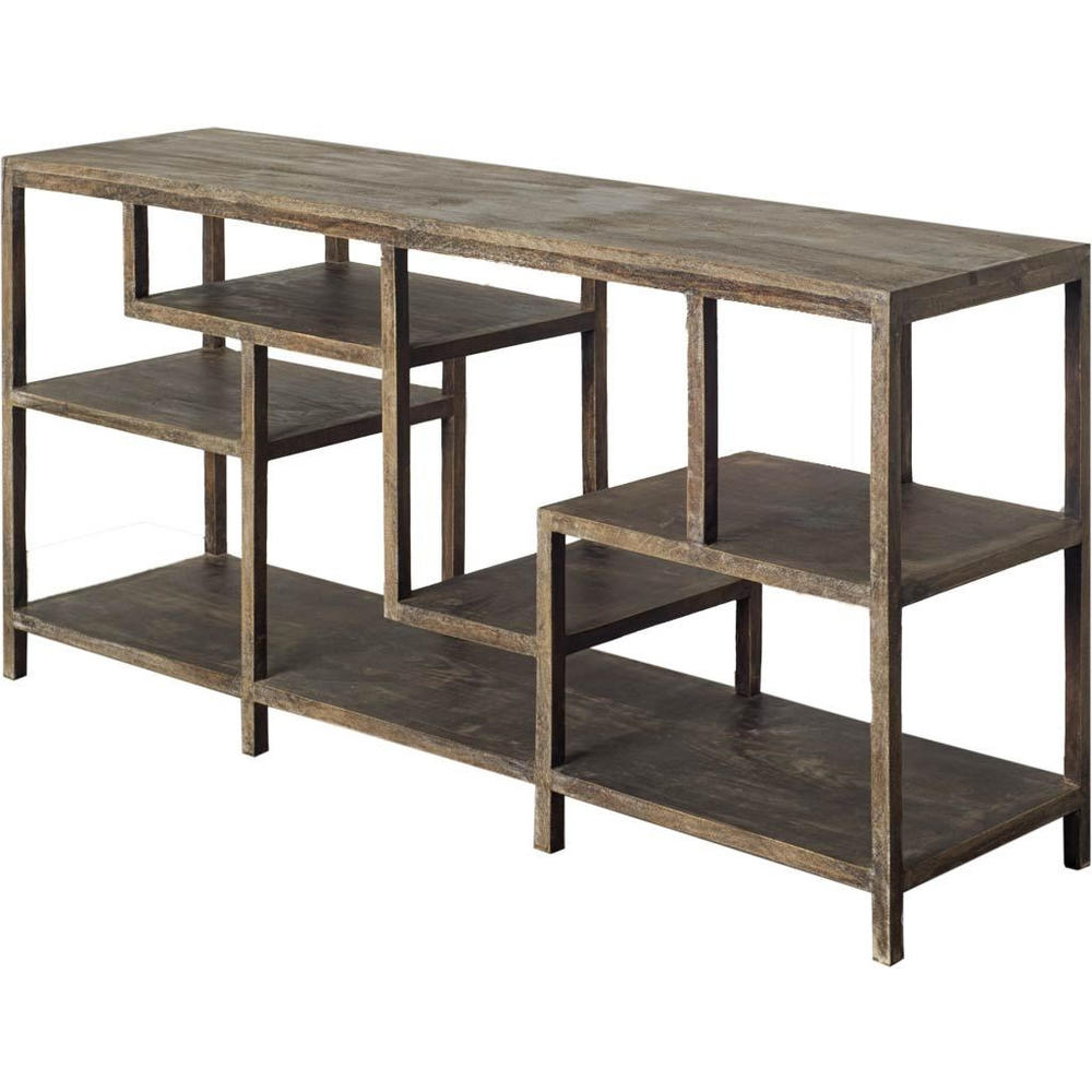 HomeRoots Solid Mango Wood Finish Console Table With Multi Level Shelf