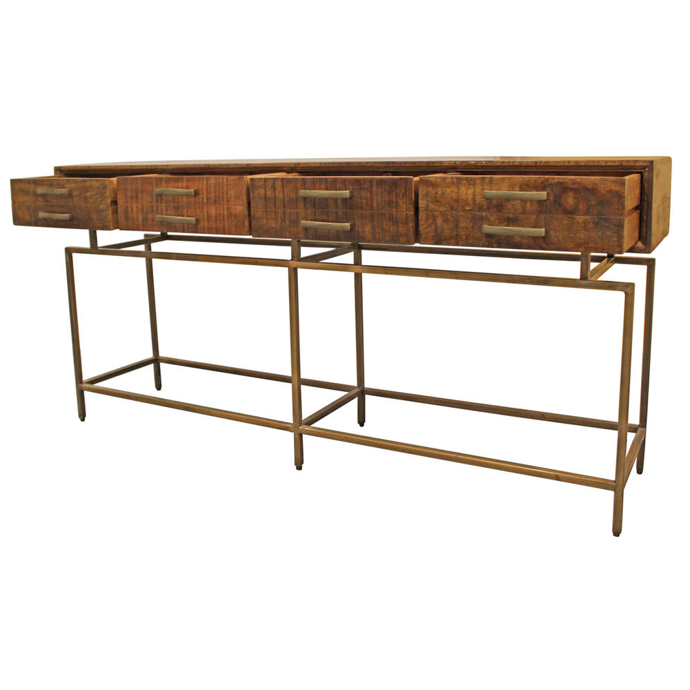 HomeRoots 72" Brown and Brass Solid Wood Distressed Frame Console Table With Storage