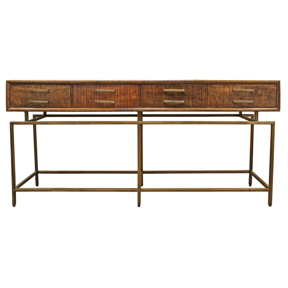 HomeRoots 72" Brown and Brass Solid Wood Distressed Frame Console Table With Storage