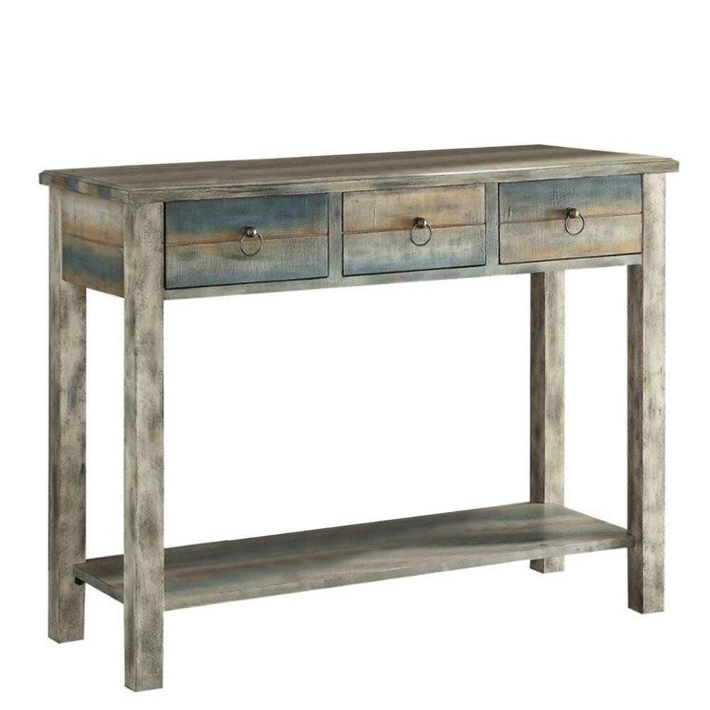 Hoom Roots 42" X 16" X 32" Antique White And Teal Wooden Console Table