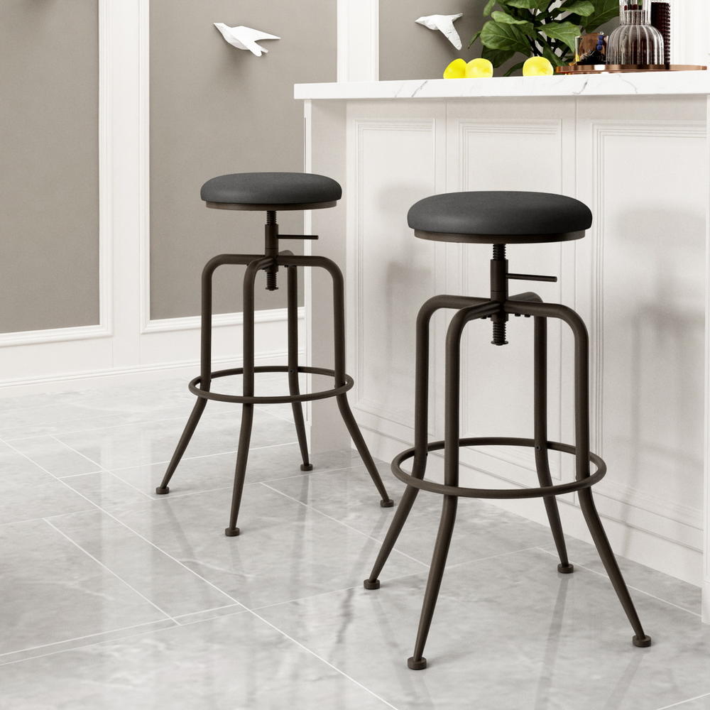 Home Roots Set Of Two 30" Brown And Black Steel Swivel Backless Bar Chairs With Footrest