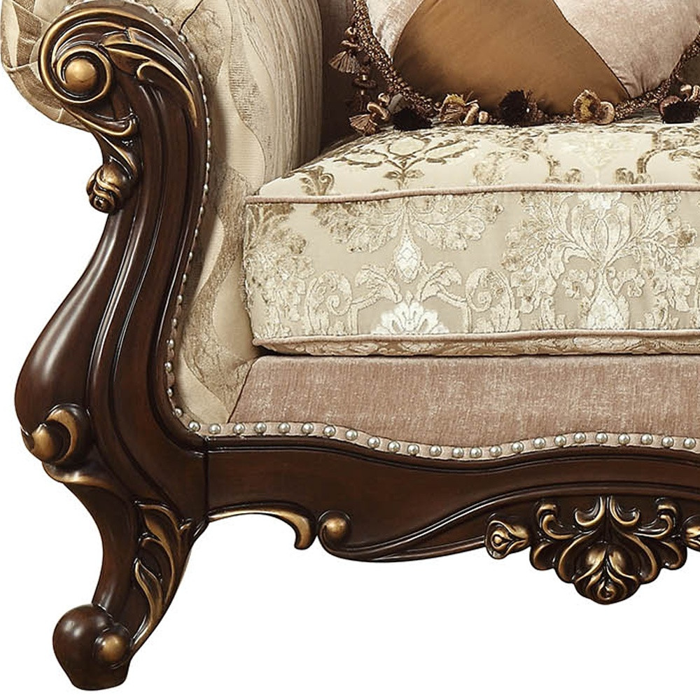 HomeRoots 36" Beige And Brown Fabric Damask Tufted Chesterfield Chair