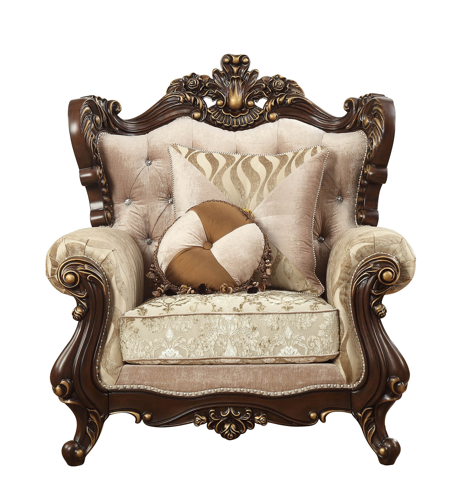 HomeRoots 36" Beige And Brown Fabric Damask Tufted Chesterfield Chair