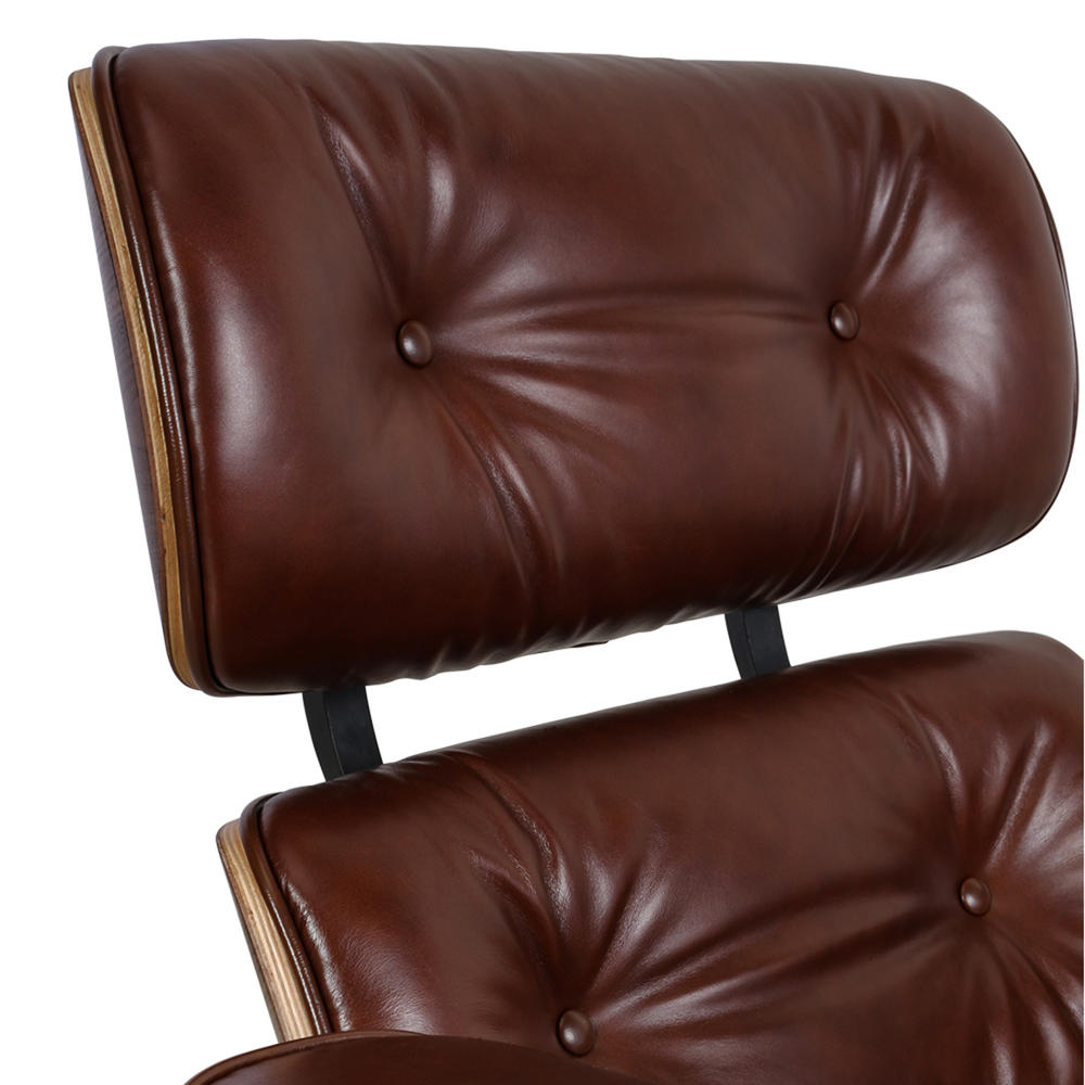 HomeRoots 35" Brown Tufted Genuine Leather Swivel Lounge Chair with Ottoman