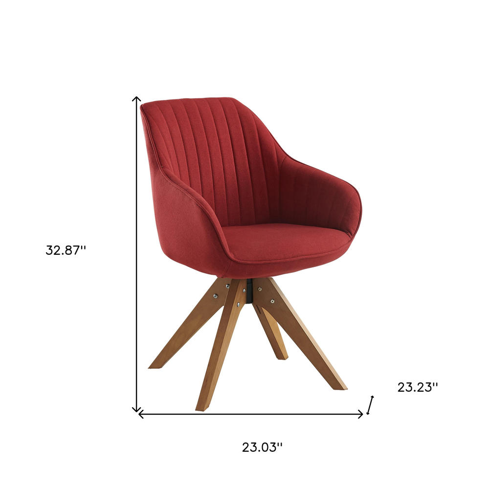 HomeRoots 23" Red Fabric And Natural Swivel Arm Chair