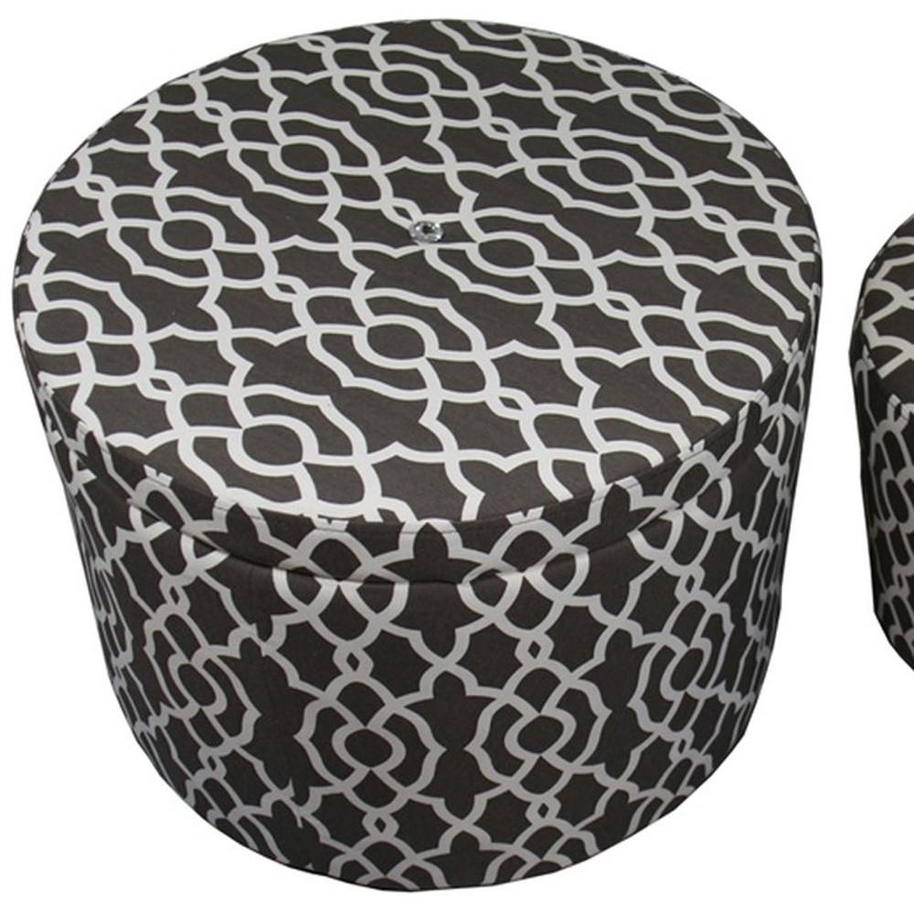 HomeRoots 23" Black And White Polyester Blend Round Geometric Footstool Ottoman