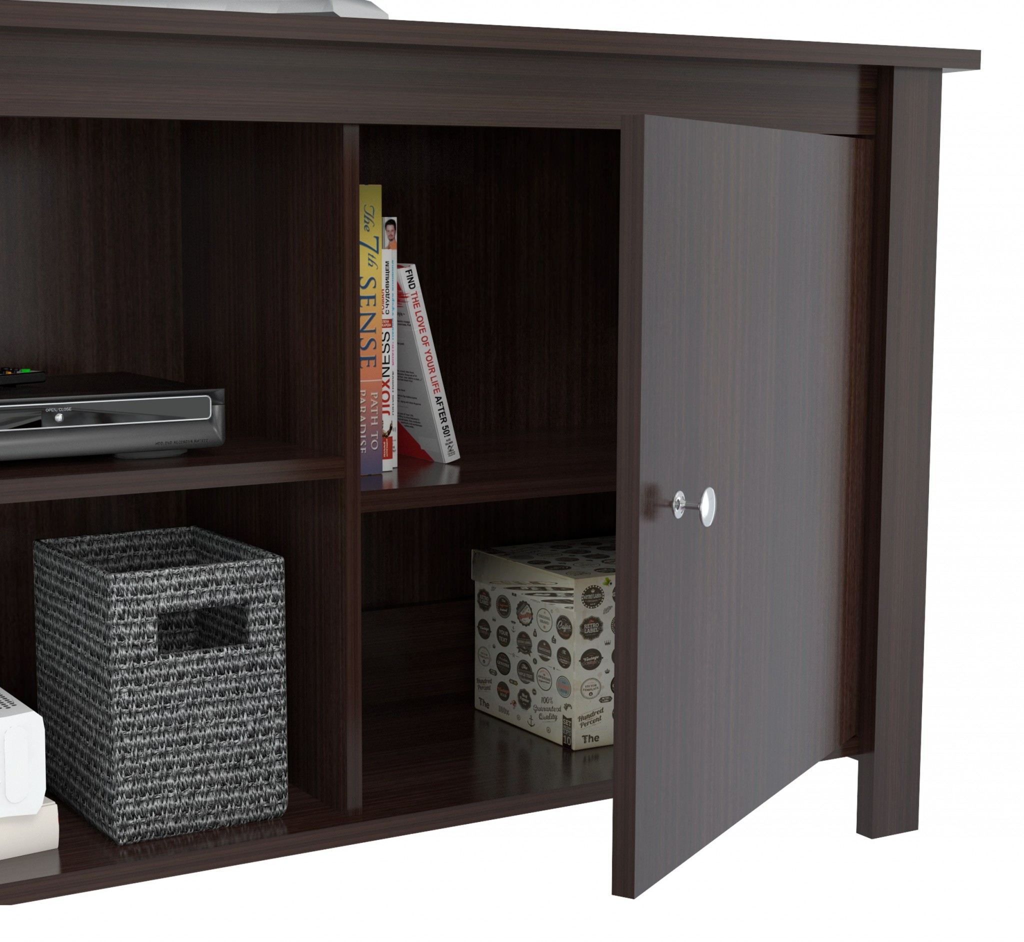 HomeRoots 63" Dark Brown Wood And Metal Cabinet Enclosed Storage Mirrored TV Stand