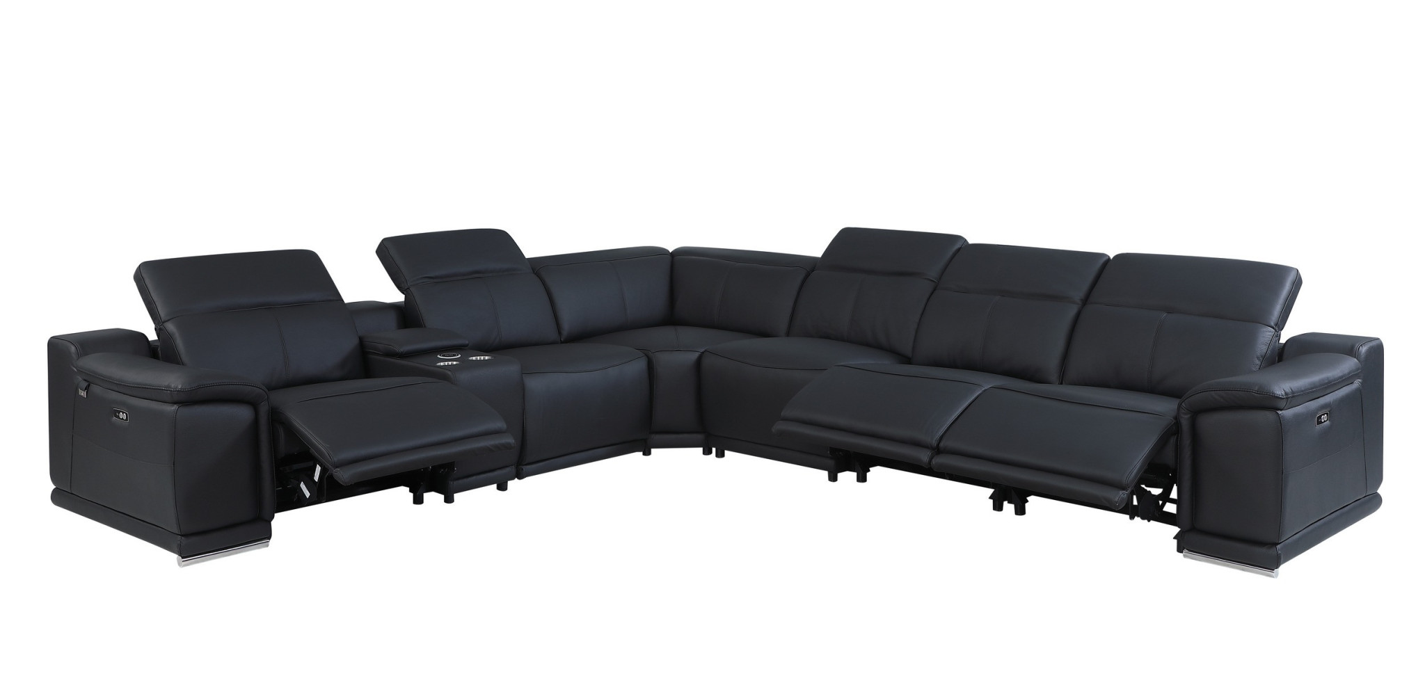 Hoom Roots Black Italian Leather Power Reclining U Shaped Seven Piece Corner Sectional With Console