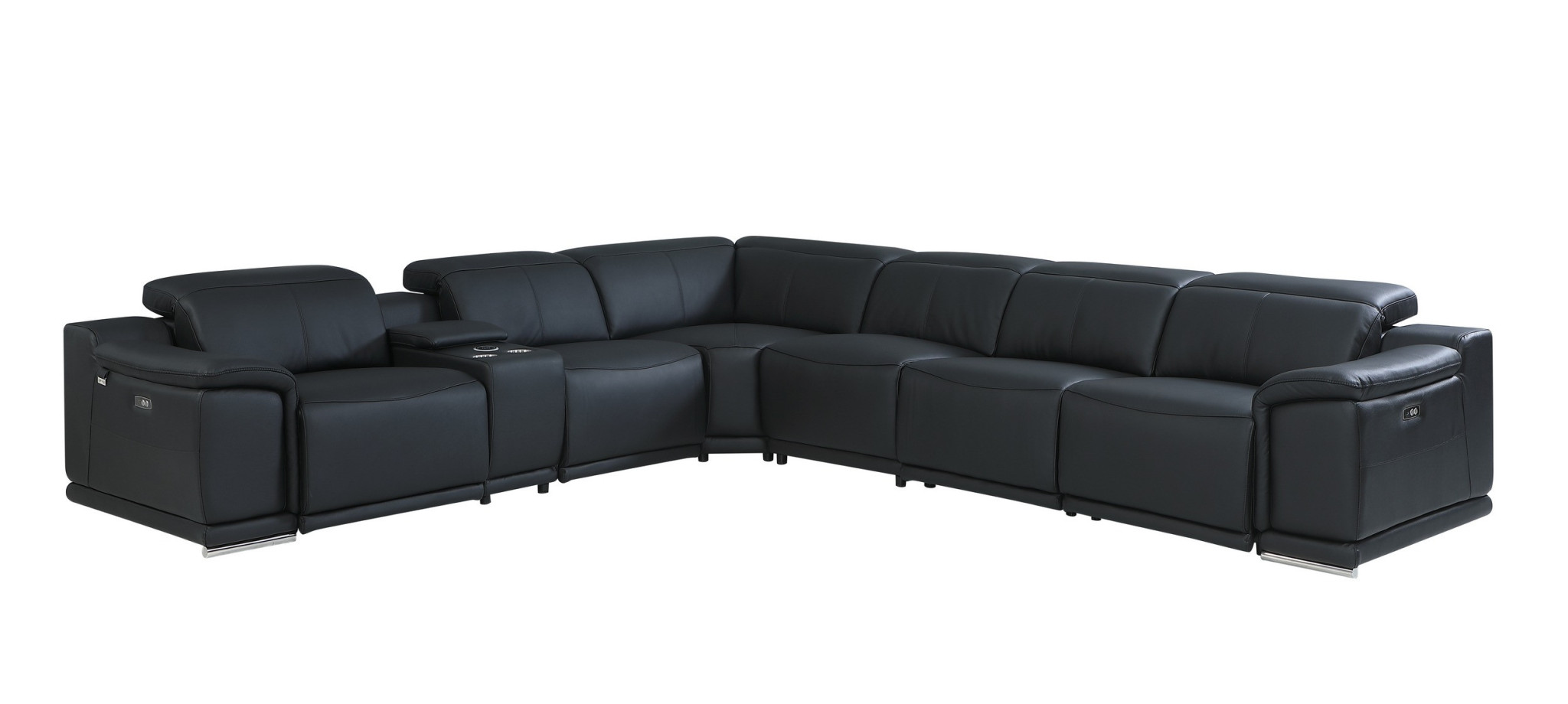 Hoom Roots Black Italian Leather Power Reclining U Shaped Seven Piece Corner Sectional With Console