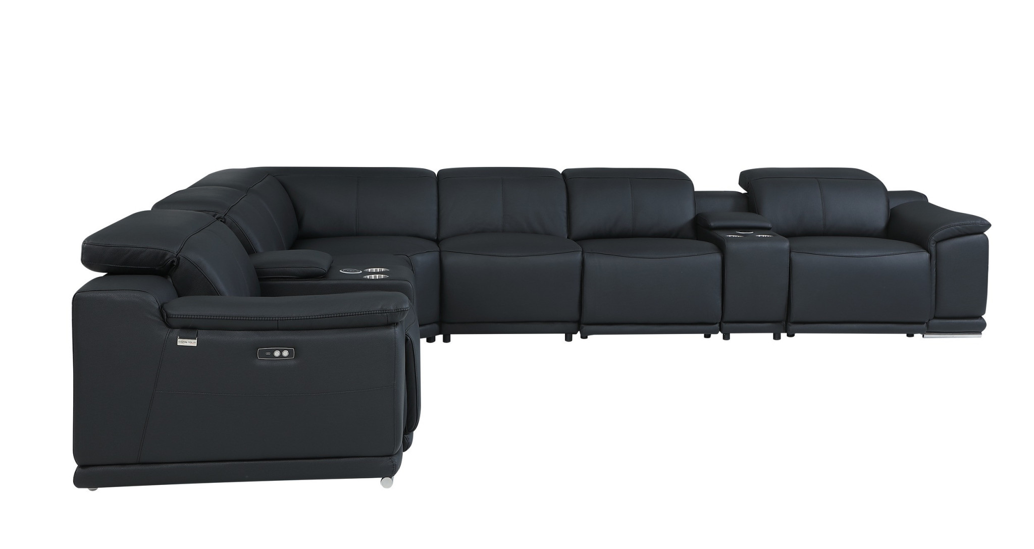 HomeRoots Black Italian Leather Power Reclining U Shaped Eight Piece Corner Sectional With Console