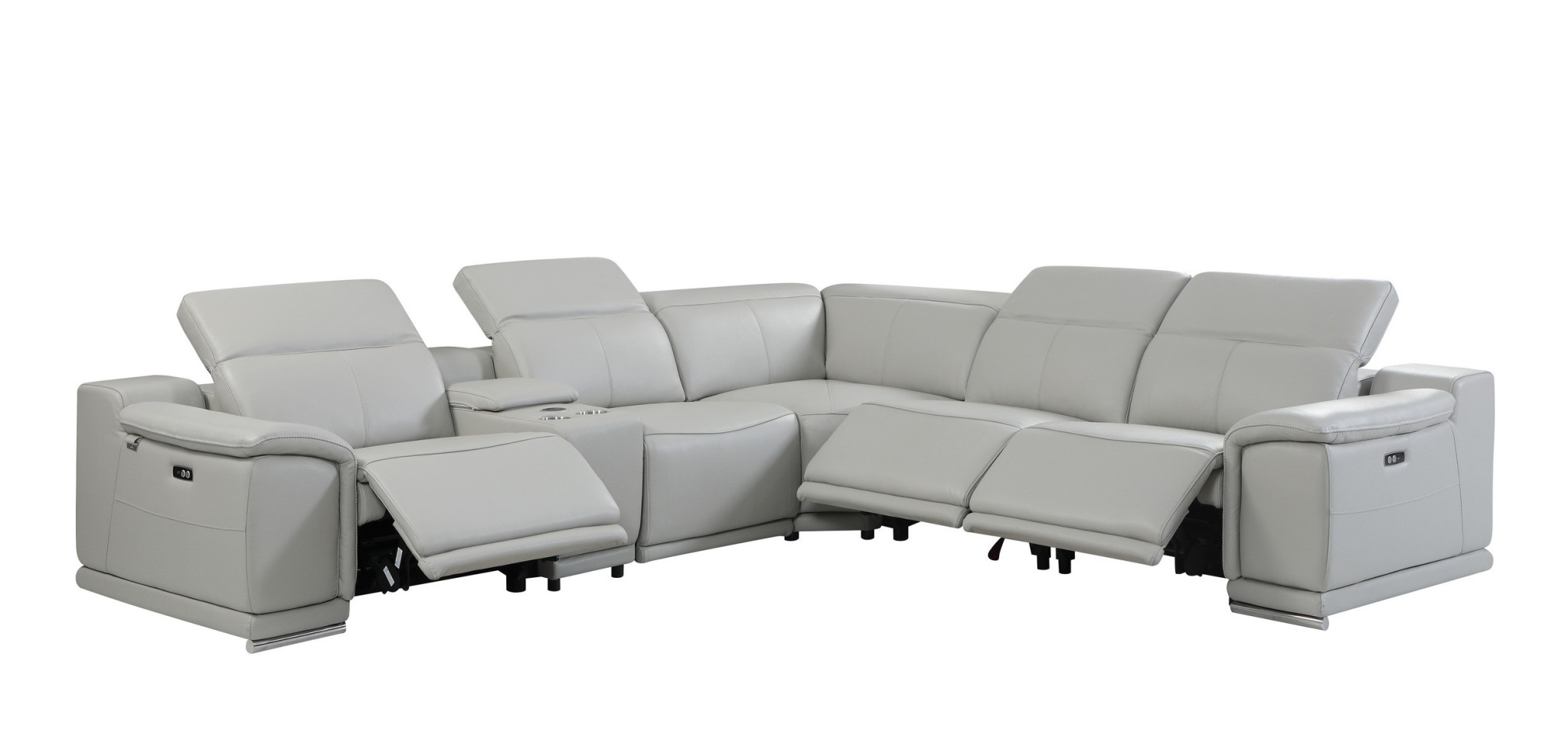 HomeRoots Light Gray Italian Leather Power Reclining U Shaped Six Piece Corner Sectional With Console