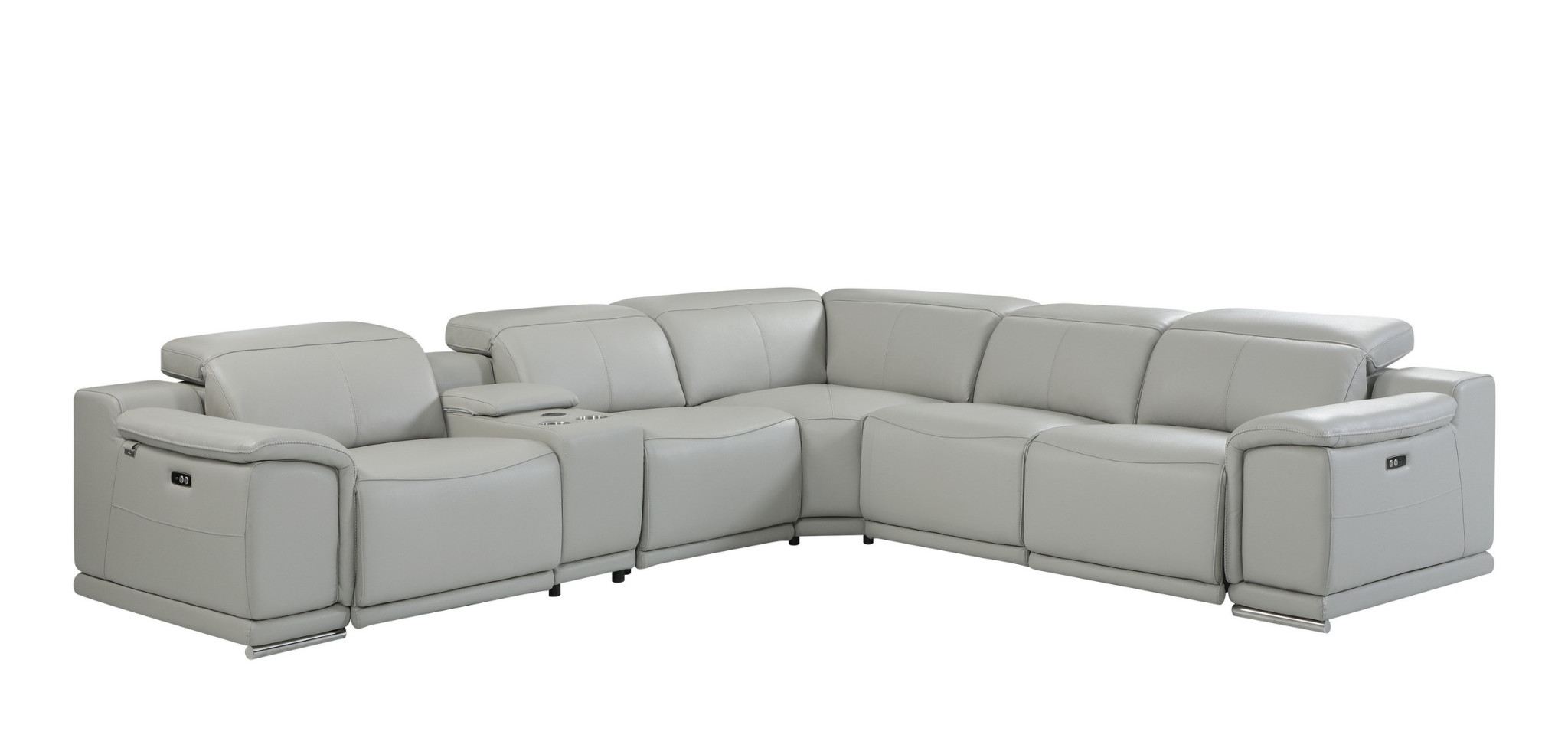 HomeRoots Light Gray Italian Leather Power Reclining U Shaped Six Piece Corner Sectional With Console