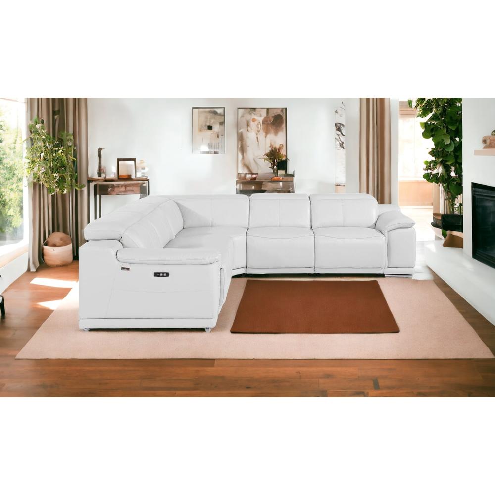HomeRoots White Italian Leather Power Reclining U Shaped Five Piece Corner Sectional With Console