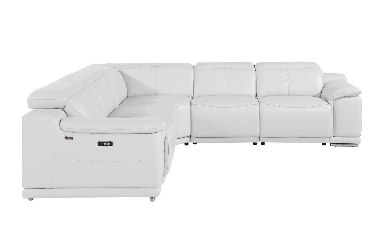 HomeRoots White Italian Leather Power Reclining U Shaped Five Piece Corner Sectional With Console